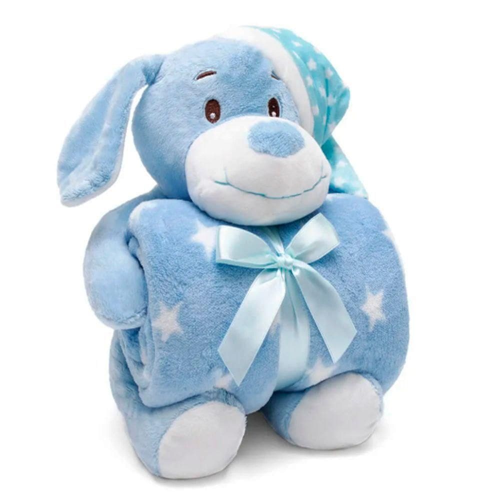 Manta E Bichinho Pelúcia Buettner Baby Microfibra Puppy Dog Com Touca Azul