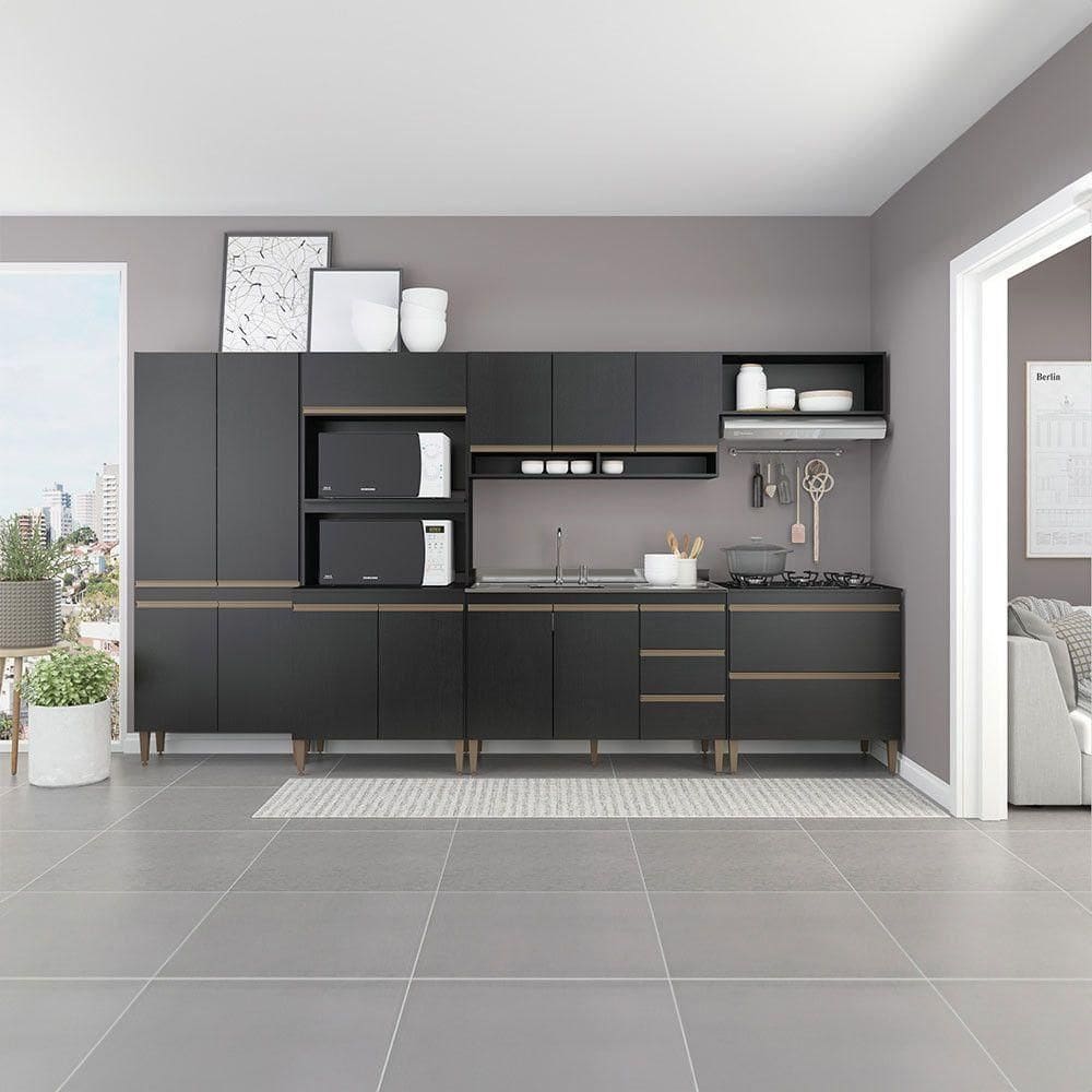 Cozinha Modulada 360cm Balcão Pia Sabrina 6 Pçs Menu Móveis Preto
