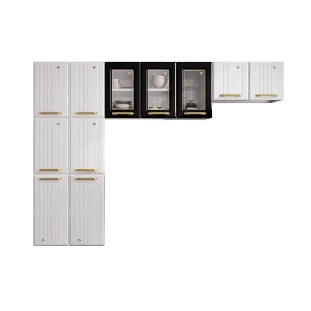 Cozinha Compacta Aço 3 Peças Com Vidros Armários Aéreos E Paneleiro Multimóveis Cr20368 Branco-preto
