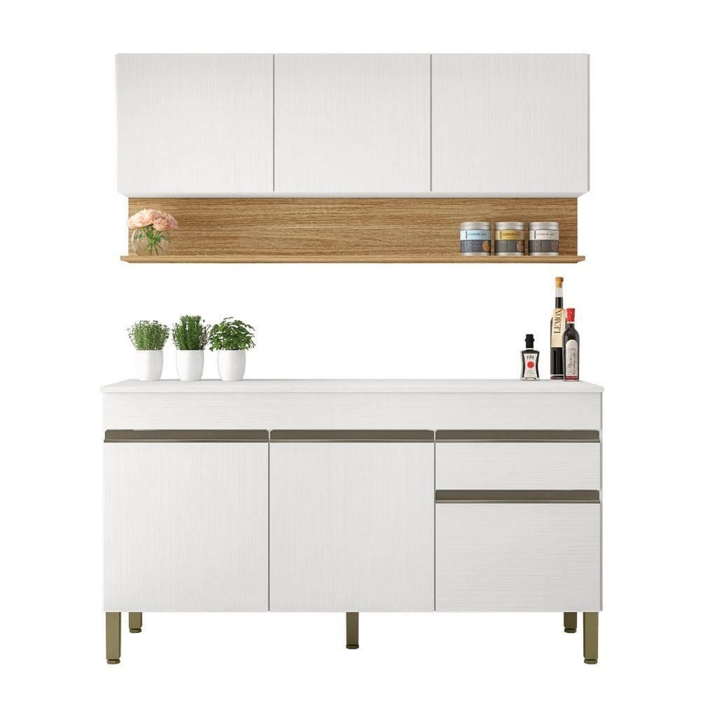 Kit Armário De Cozinha E Balcão Completa 1,50m Line Branco / Madeirado Kit`s Paraná