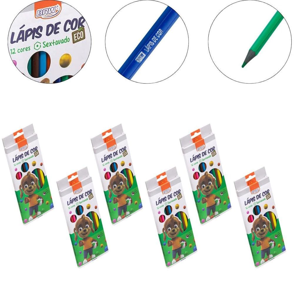 Kit 6 Caixa Lápis De Cor 12 Cores Resina Reciclada Sextavado