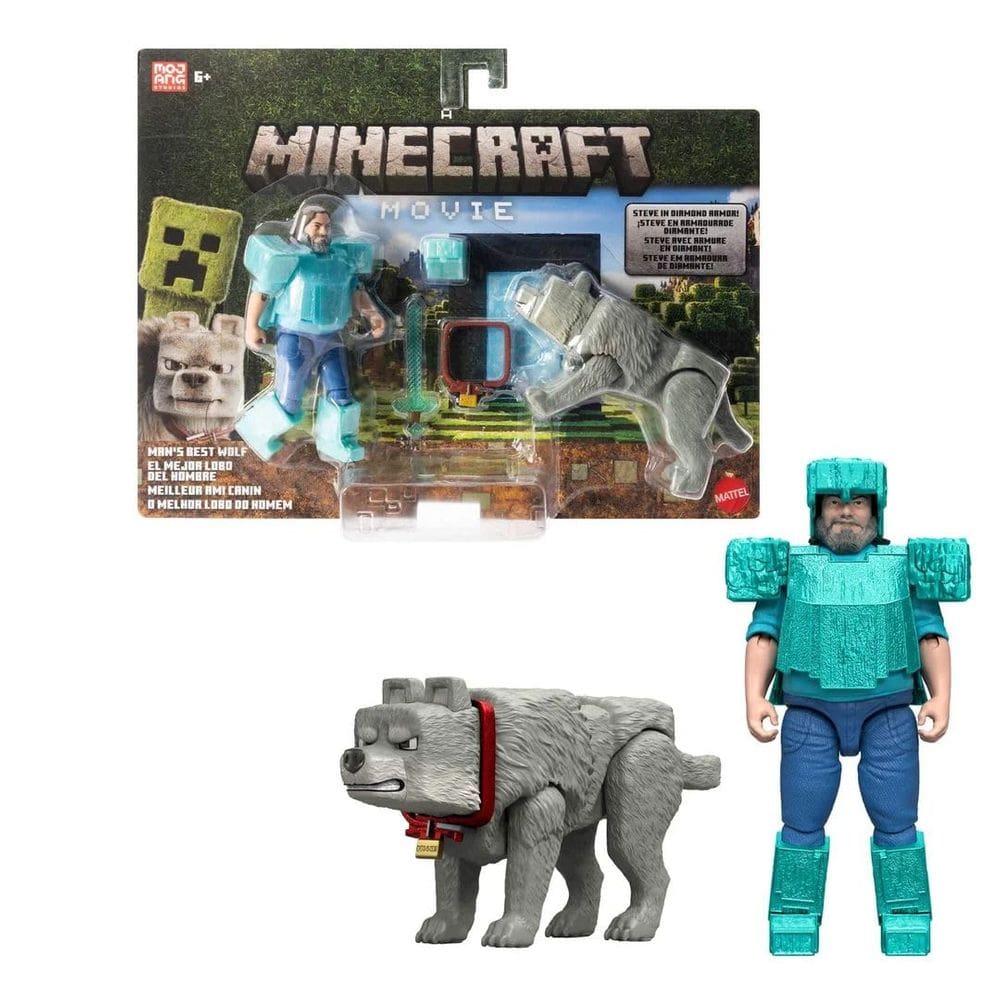 Figura de ação Mattel Minecraft Movie Steve com lobo de 4 polegadas
