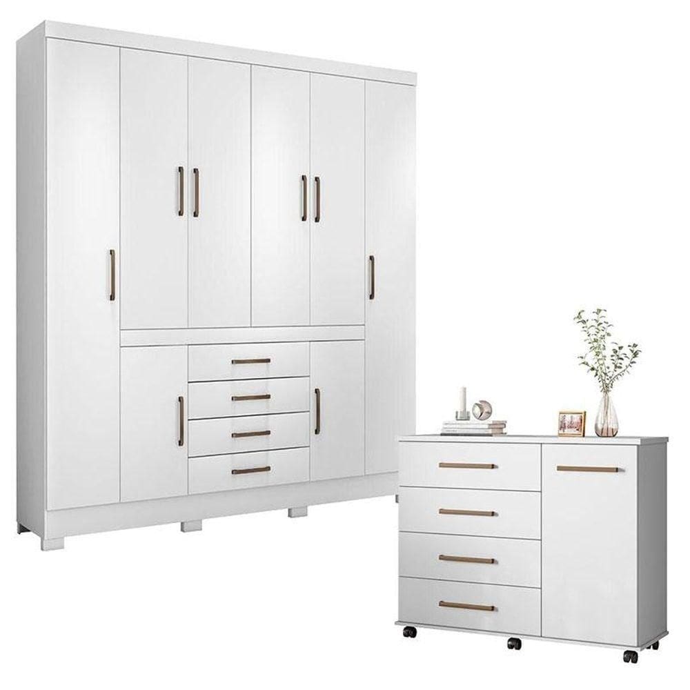 Cômoda Flora E Guarda Roupa Casal New Realce Branco - Demóbile