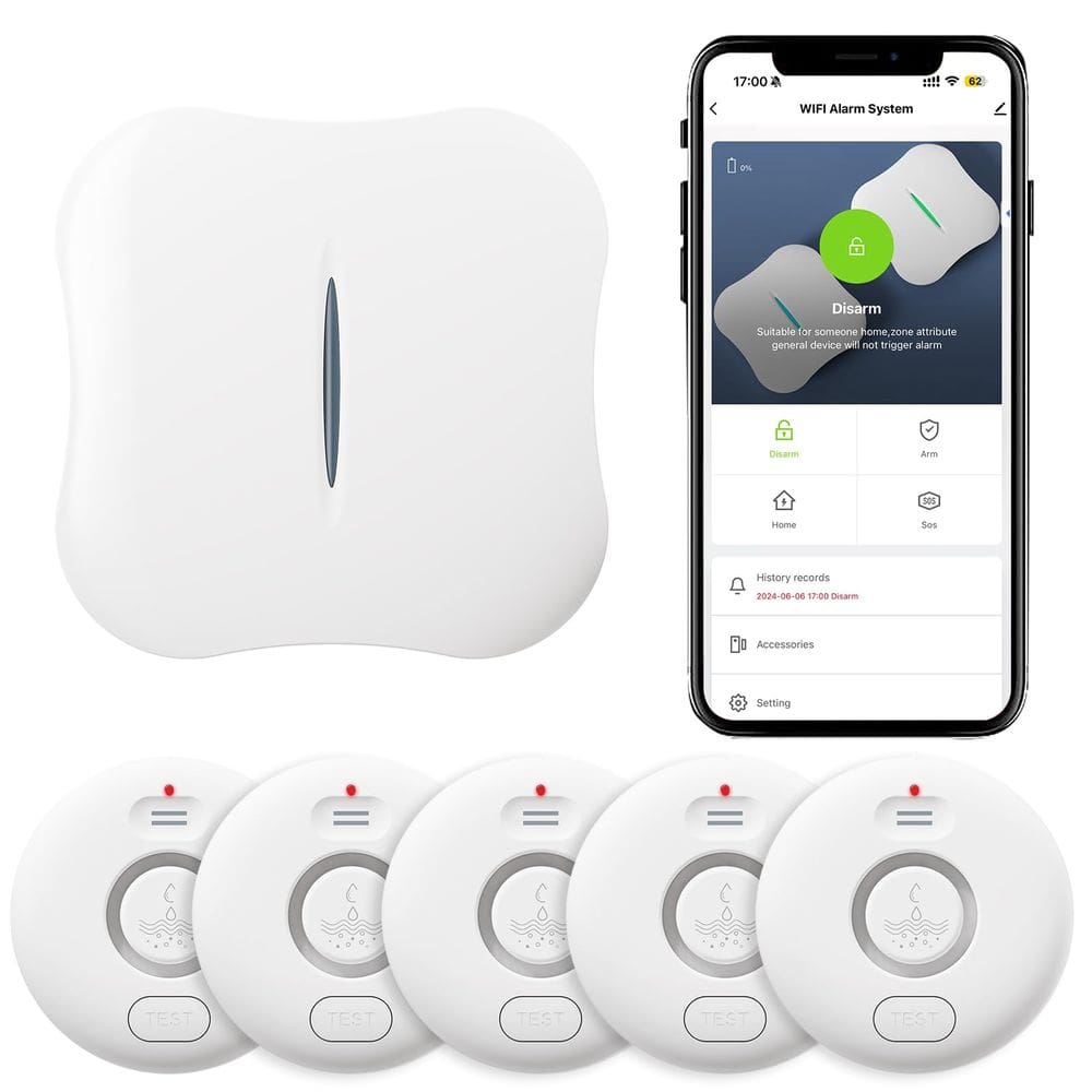 Detectores de vazamento de água RUIKORING WiFi, pacote com 5, com alarme de 120 dB