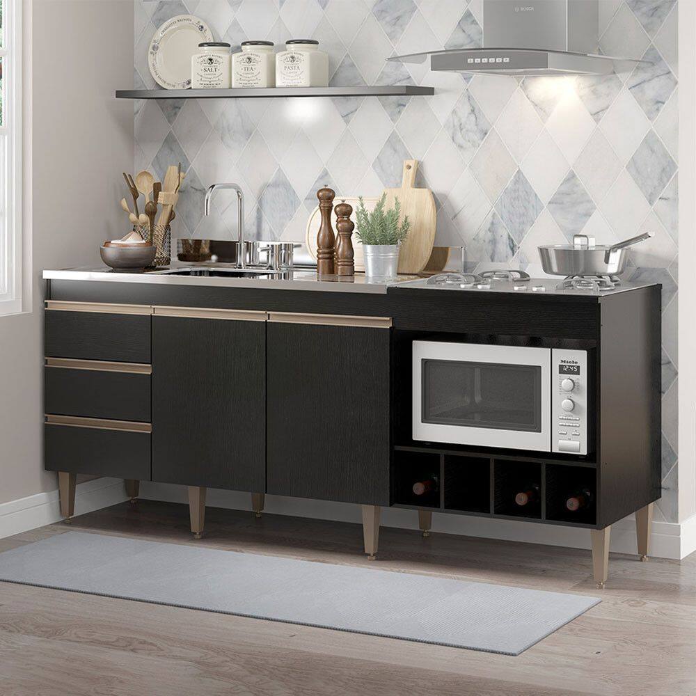 Balcão para Pia de Cozinha 183cm 3 Gavetas MDP Preto 2035 Menu Móveis