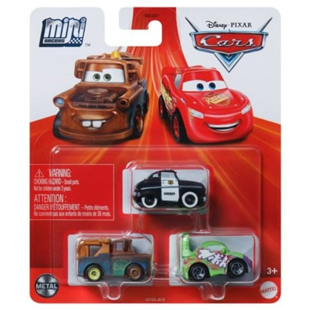 Pacote de 3 Disney Cars Mini Racers (Speed Limit Mater, Sheriff e Wingo)