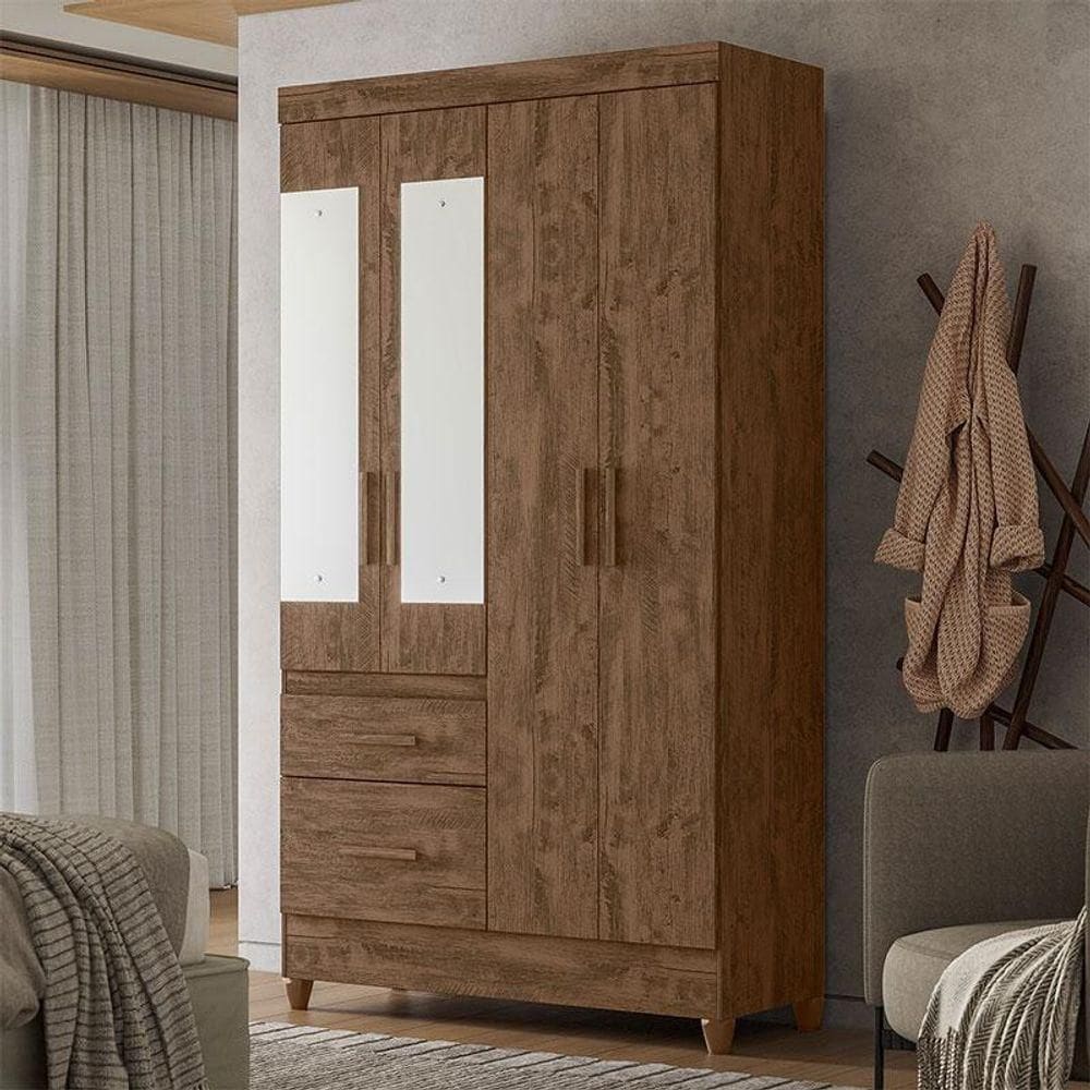 Guarda Roupa Solteiro Ambiente Madri 4 Portas Castanho Wood Com Espelho - Moval