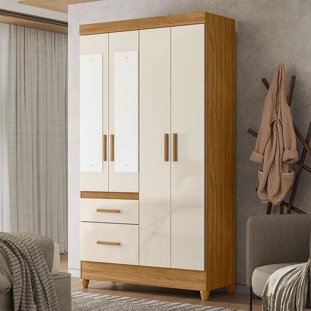 Guarda Roupa Solteiro Ambiente Madri 4 Portas Freijó Off White Com Espelho - Moval