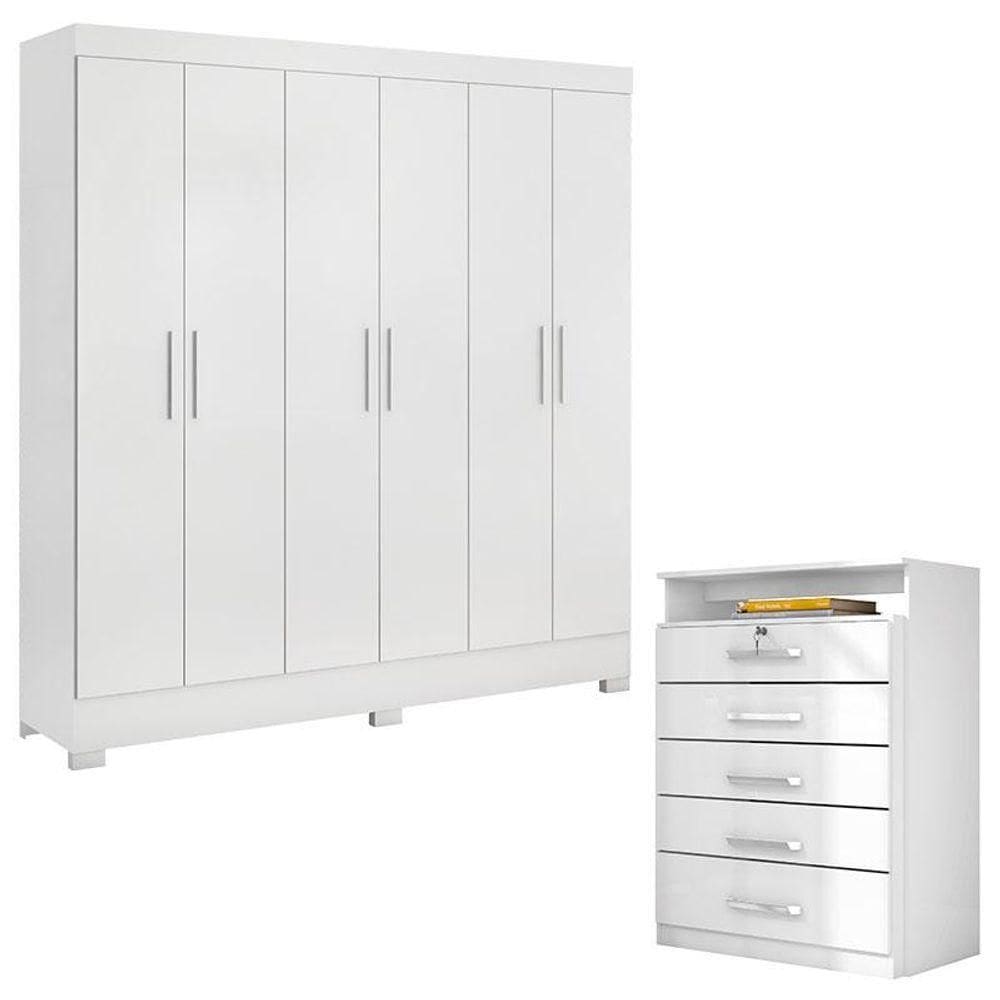 Cômoda Triunfo E Guarda Roupa Casal Prático Branco - Demóbile