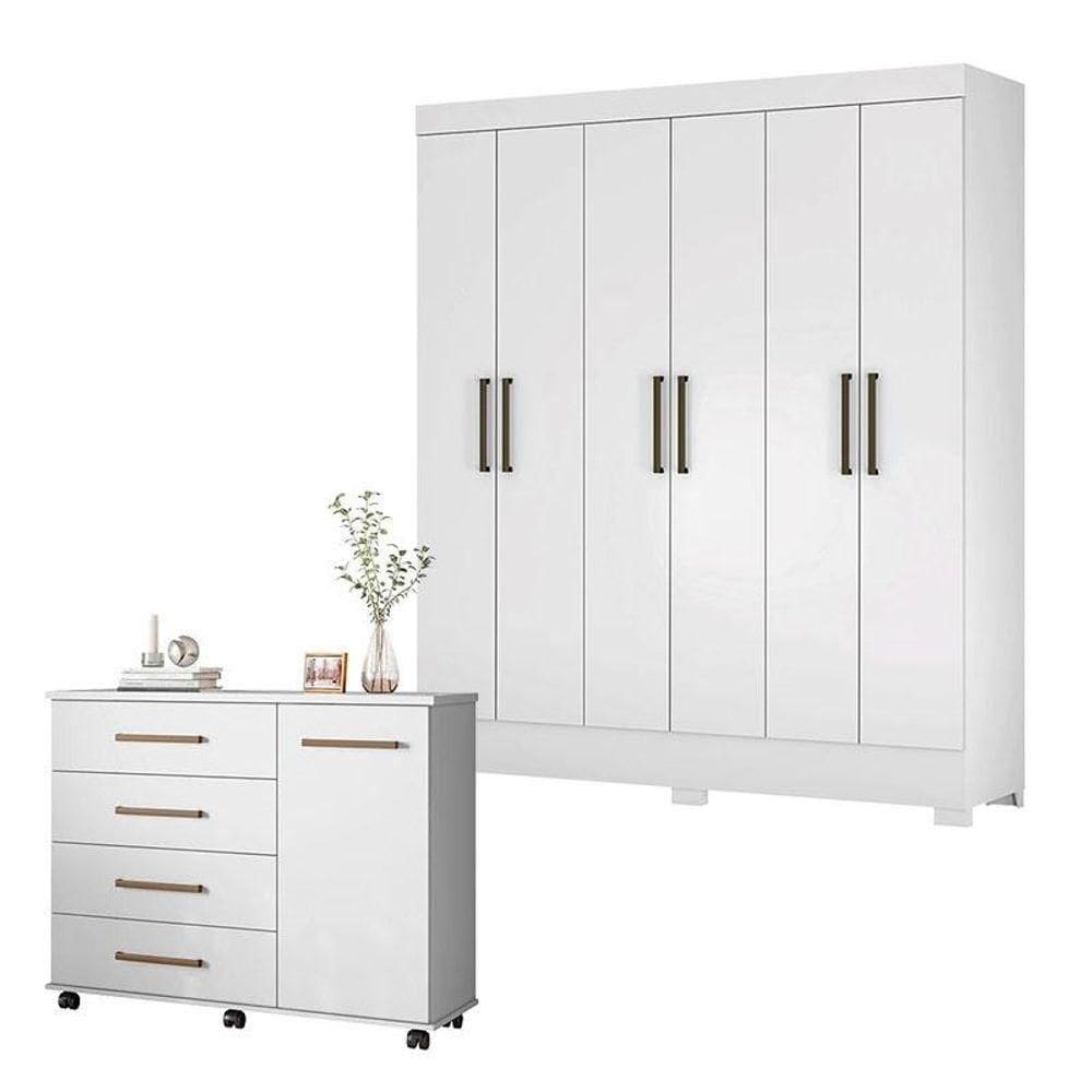 Cômoda Flora E Guarda Roupa Casal Verso Branco - Demóbile