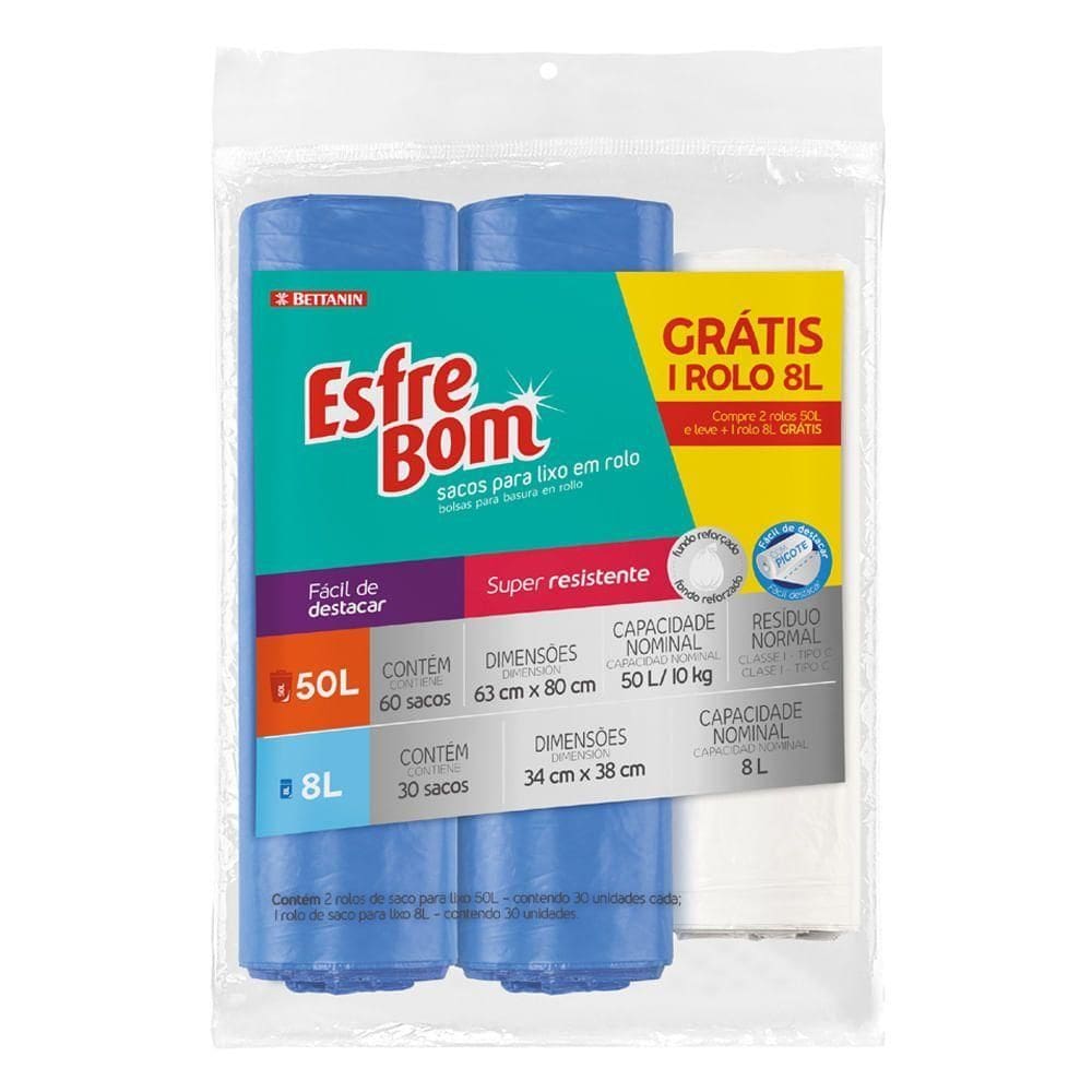 Kit Sacos Para Lixo Esfrebom 2 Rolos De 50l E 1 Rolo De 8l