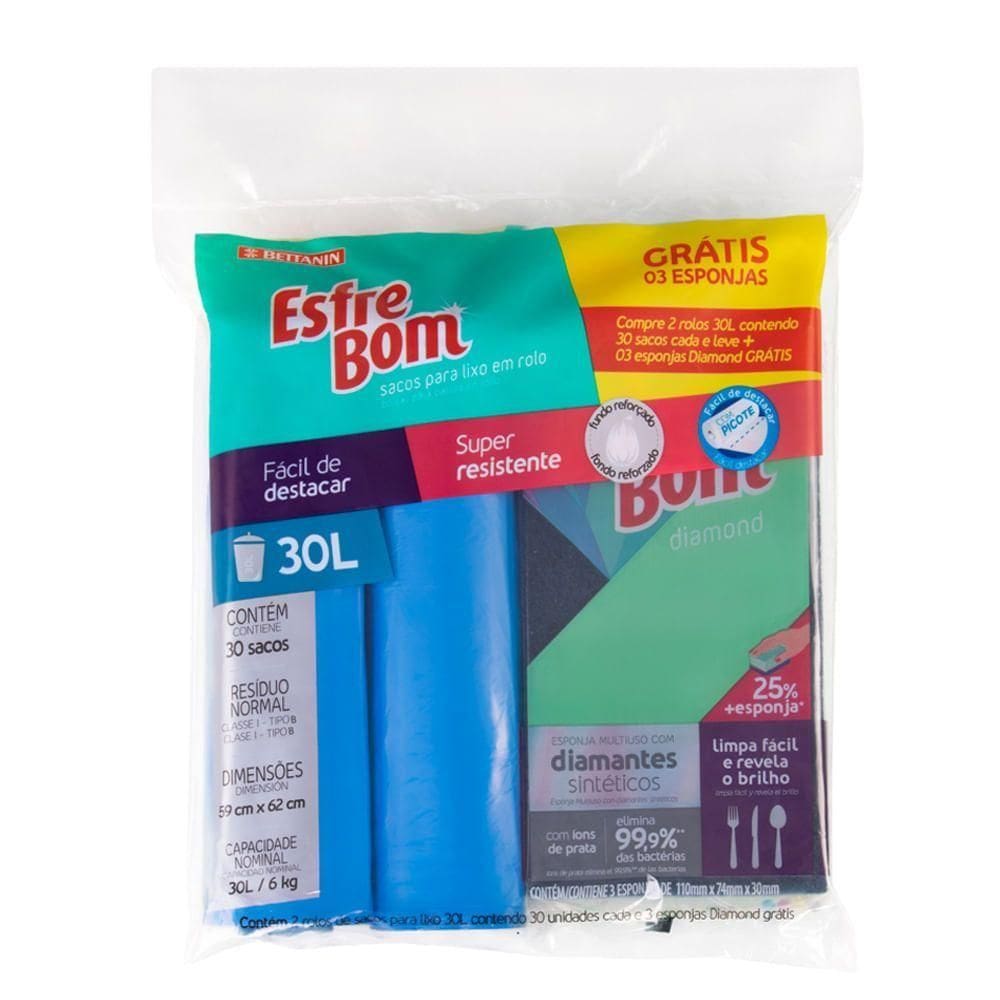 Kit 2 Rolos De Sacos Para Lixo 30l E 3 Esponjas Diamond Esfrebom