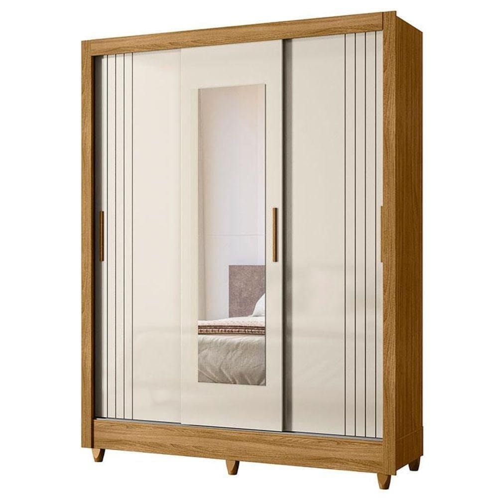 Guarda Roupa Casal Bolívia 3 Portas Freijó Off White Com Espelho - Moval