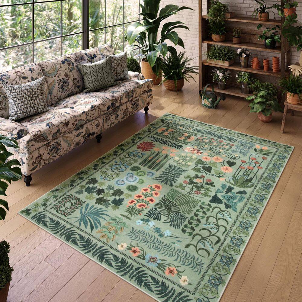 Tapete Area Zealude Floral Boho Verde 150x210cm Lavável