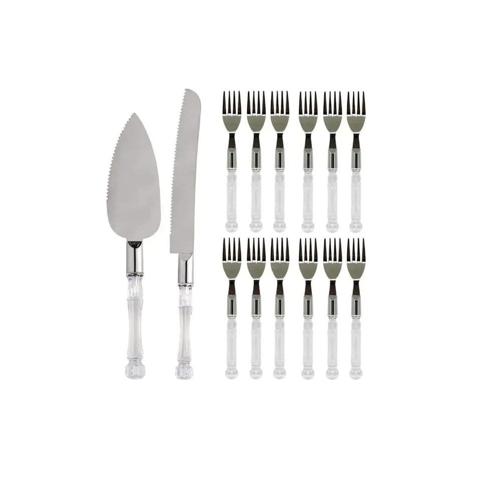 Jogo De Talheres Para Bolo C/14 Peças Inox Cabo Transparente