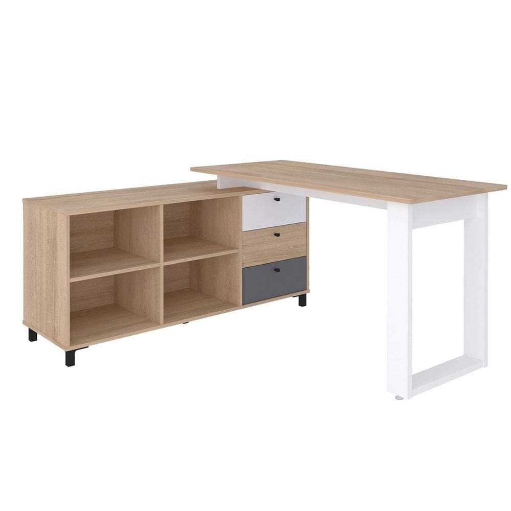 Mesa Escrivaninha em L com 3 Gavetas e Nichos Nexos