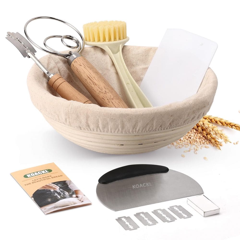 Kit inicial de massa fermentada Koackl com cesta redonda Banneton de 23 cm