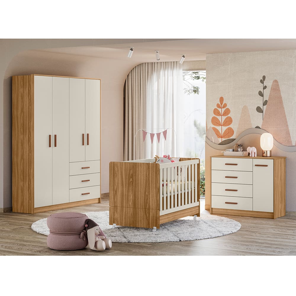 Kit Quarto Infantil Pérola com Berço, Guarda-roupa e Cômoda na Cor Nature Off White-peternella
