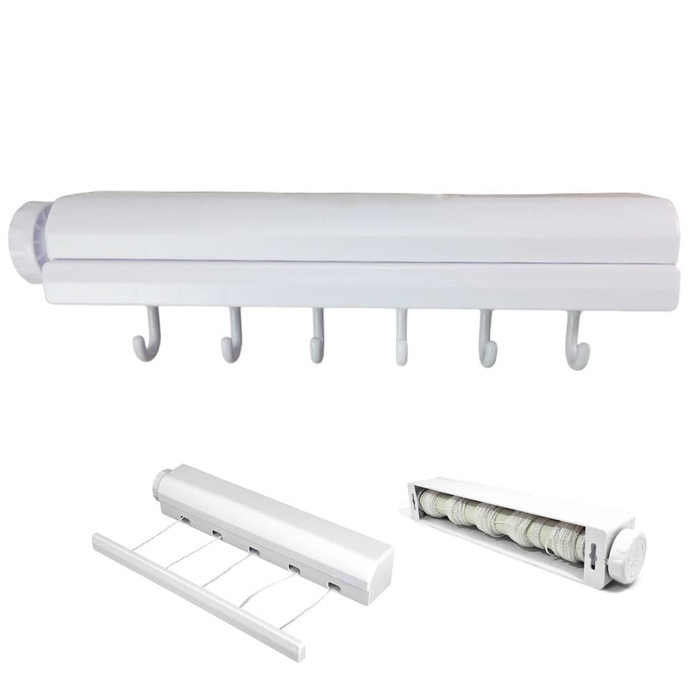 Varal Retratil de Parede 5 Cordas Extensivel 6 Ganchos Ajustavel Automatico Secador de Roupa Lavanderia Casa Apartamento Resistente Organizaçao
