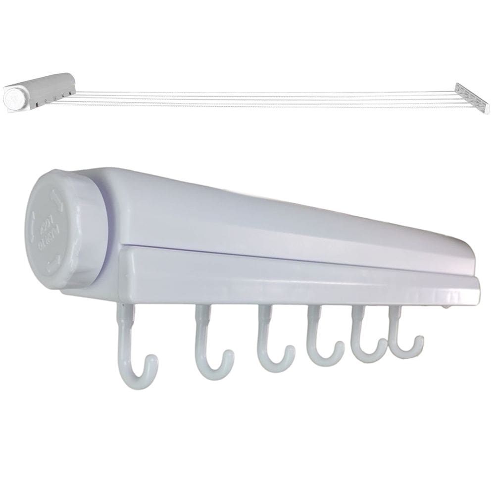 Varal de Parede Retratil 5 Cordas 6 Ganchos Extensivel Automatico Ajustavel Secador de Roupa Casa Apartamento Lavanderia Organizaçao Resistente