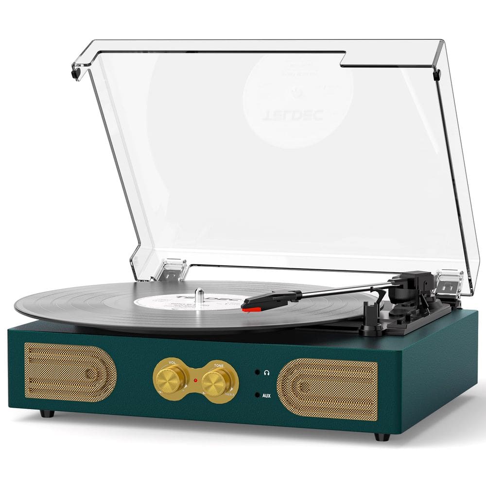 Toca-discos de vinil TANLANIN Vintage de 3 velocidades com alto-falantes verdes