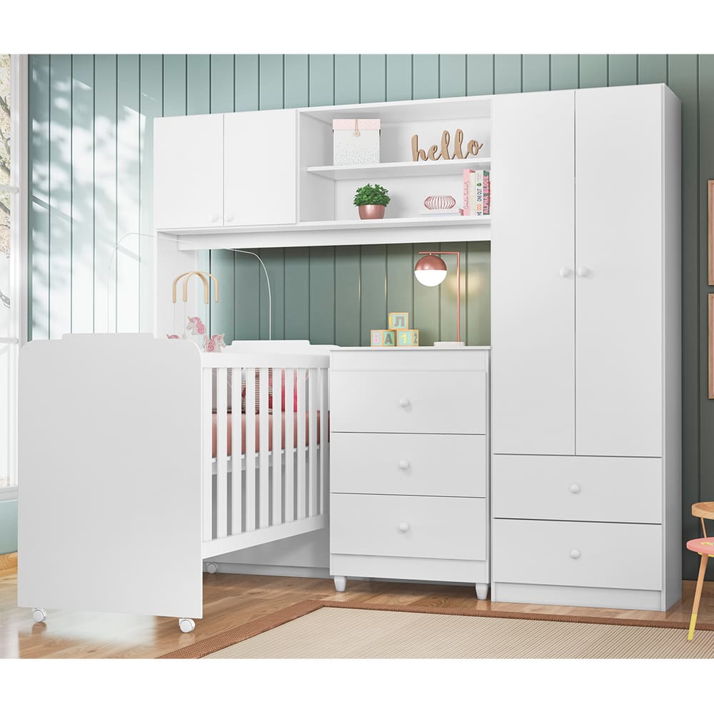 Quarto Infantil Completo Sophia Branco com Berço, Cômoda e Conjugado – Peternela