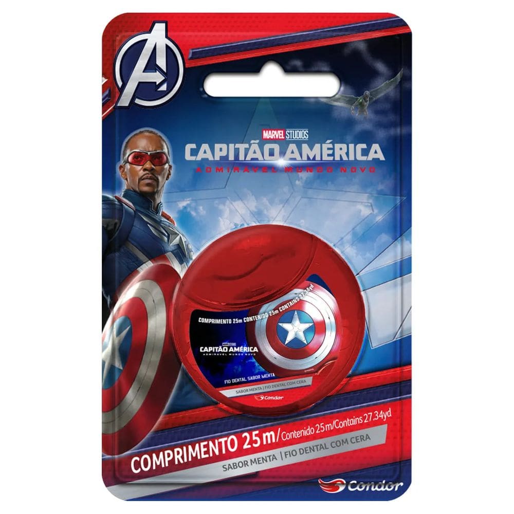 Fio Dental Infantil com Cera Menta Capitão América Condor 25m