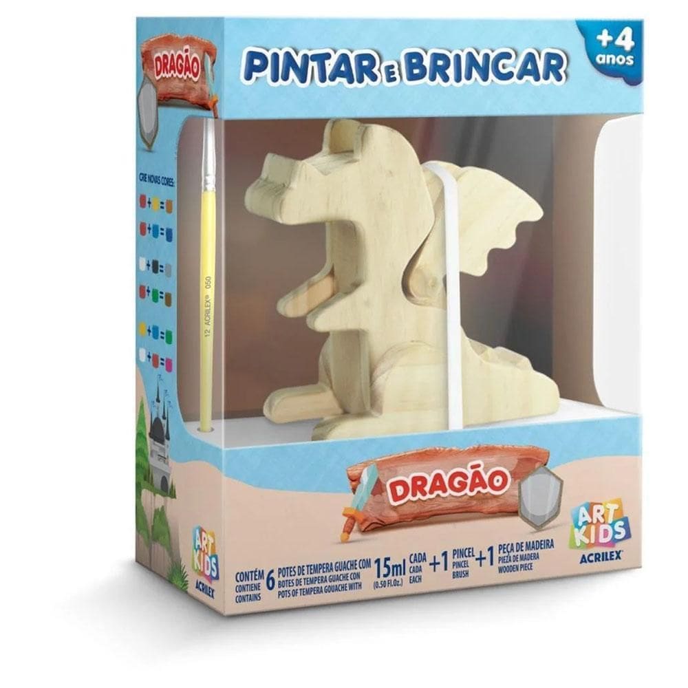 Kit Pintar E Brincar Mdf Dragão Tinta Guache 6 Cores Acrilex