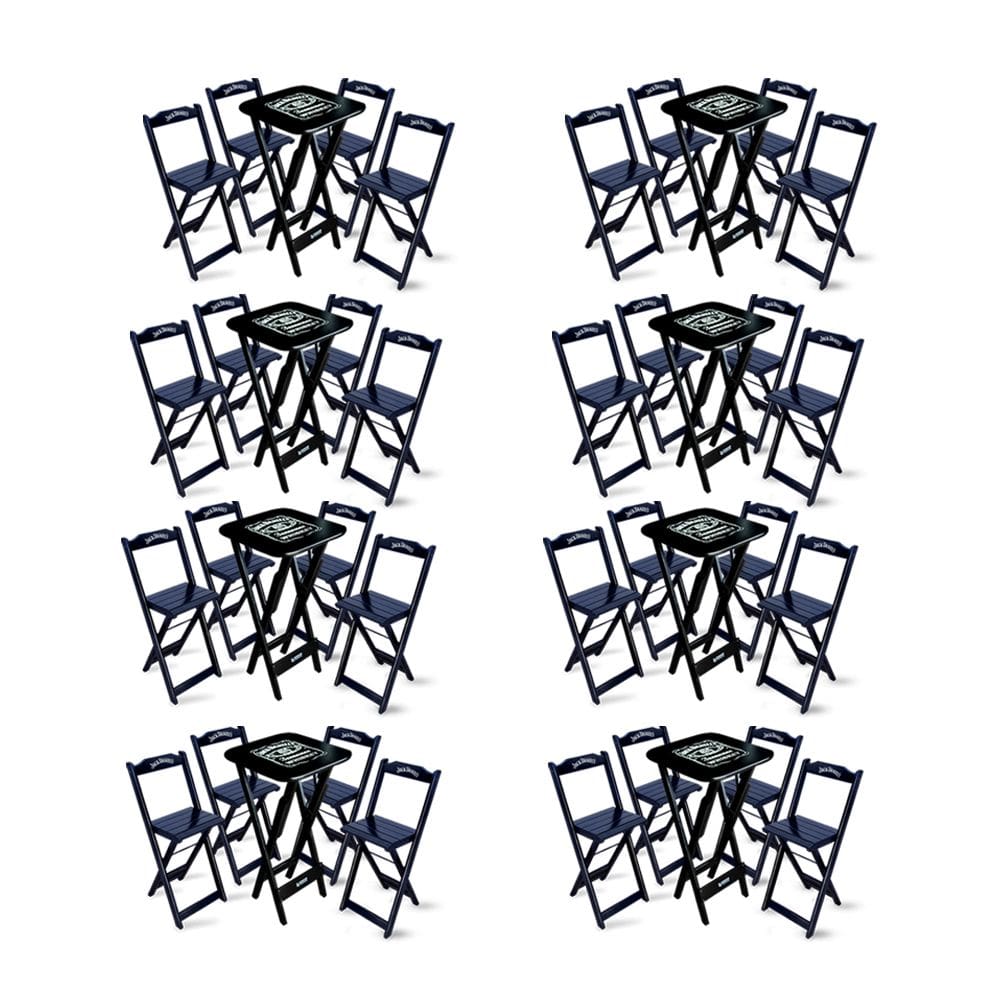 Kit 8 Conjuntos de Mesa Bistrô Dobrável Jack Daniel`s com 4 Banquetas de Madeira Preta