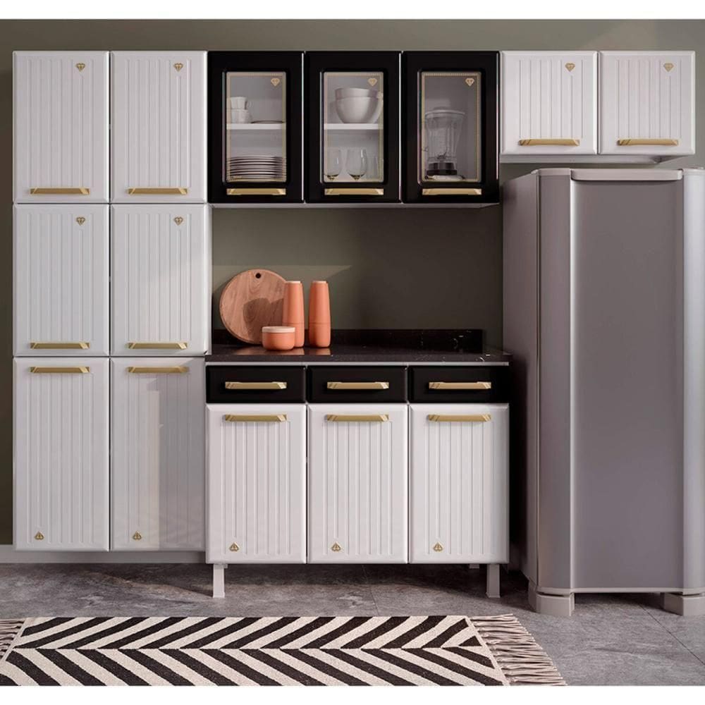 Cozinha Completa Modulada Aço 4 Peças Com Balcão Com Tampo Multimóveis Cr20370 Branco-preto