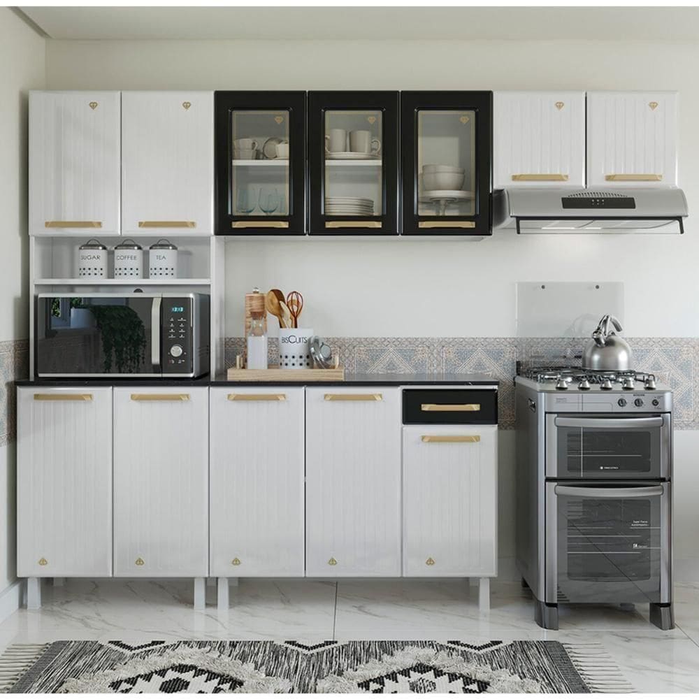 Cozinha Completa De Aço 4 Peças Armário Para Forno-micro E Balcão Multimóveis Cr20371 Branco-preto