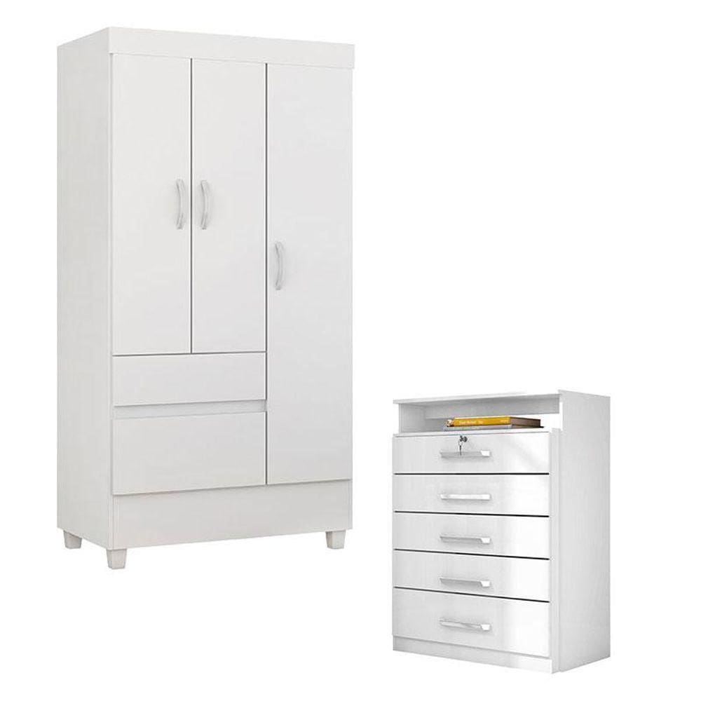 Cômoda Triunfo E Guarda Roupa Solteiro Wind Branco Flex - Demóbile