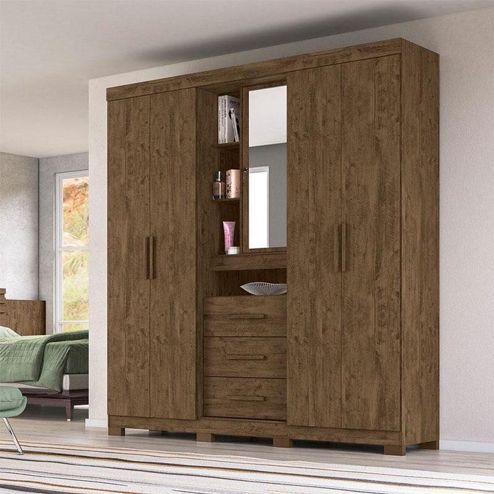 Guarda Roupa Solteiro Ambiente Eldorado 5 Portas Castanho Wood Com Espelho - Moval