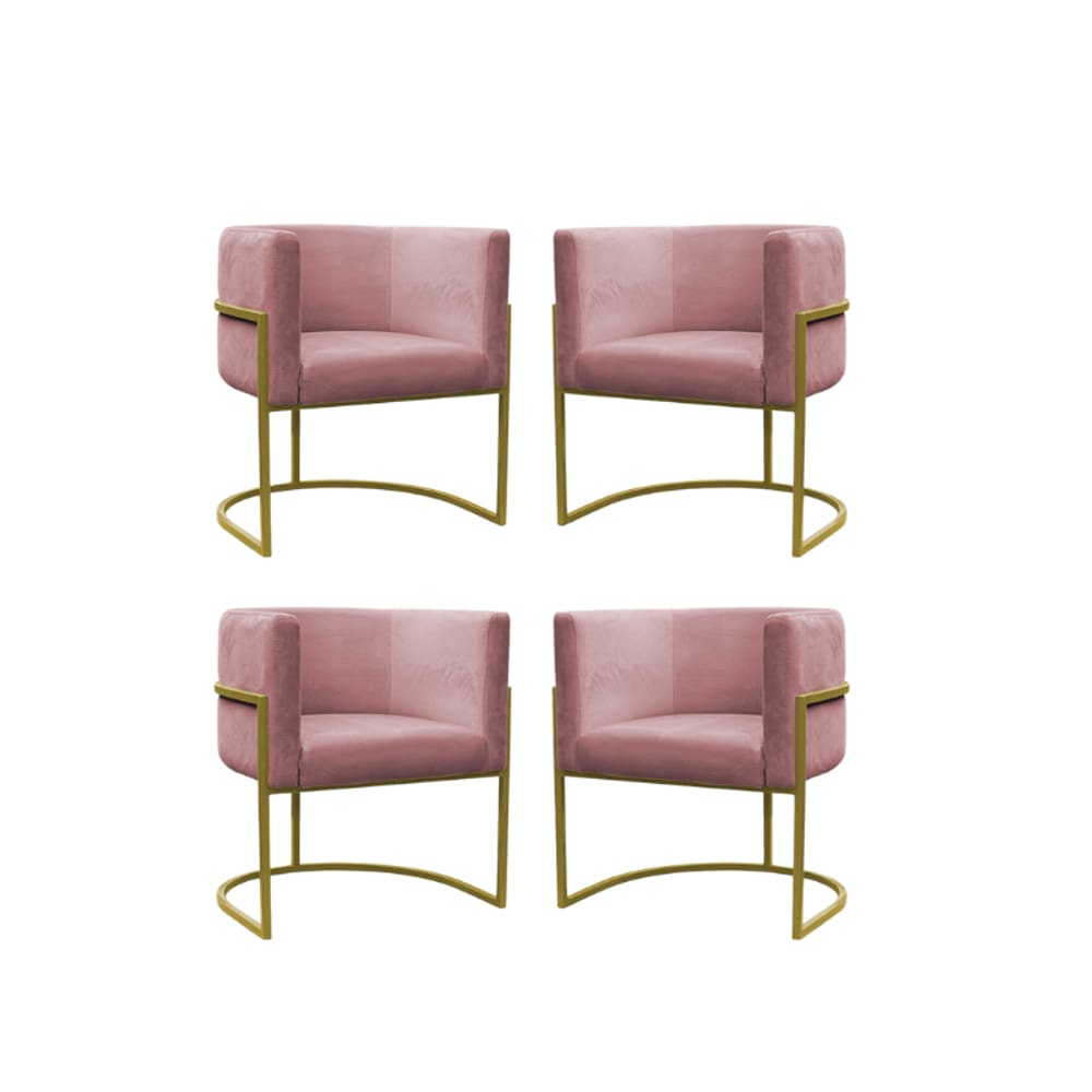kit 4 Poltronas Decorativa Carla Base Ferro Dourada Suede Rosê
