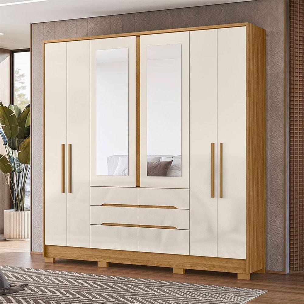 Guarda Roupa Casal Ambiente San Francisco 6 Portas Freijó Off White Com Espelho - Moval