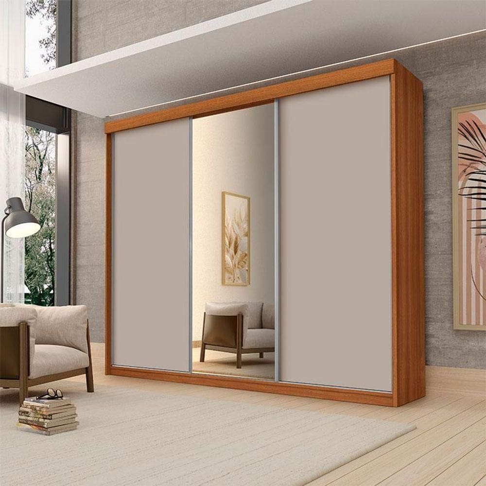 Guarda Roupa Casal Ambiente Florença 3 Portas De Correr Com Espelho Carvalho New Maní - Luapa