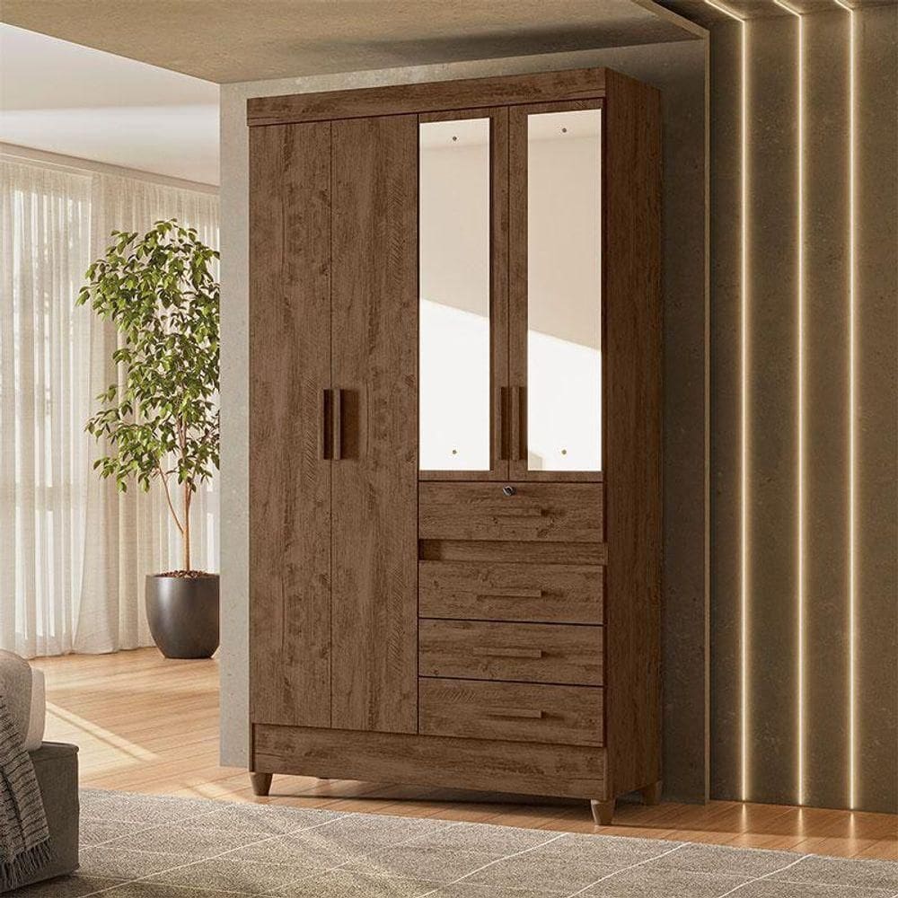 Guarda Roupa Solteiro Ambiente Sobral 4 Portas Castanho Wood Com Espelho - Moval