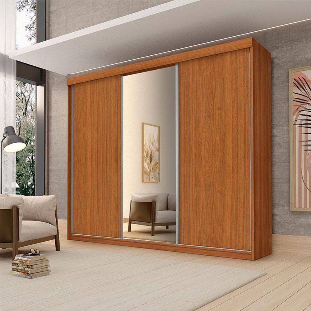 Guarda Roupa Casal Ambiente Florença 3 Portas De Correr Com Espelho Carvalho New - Luapa