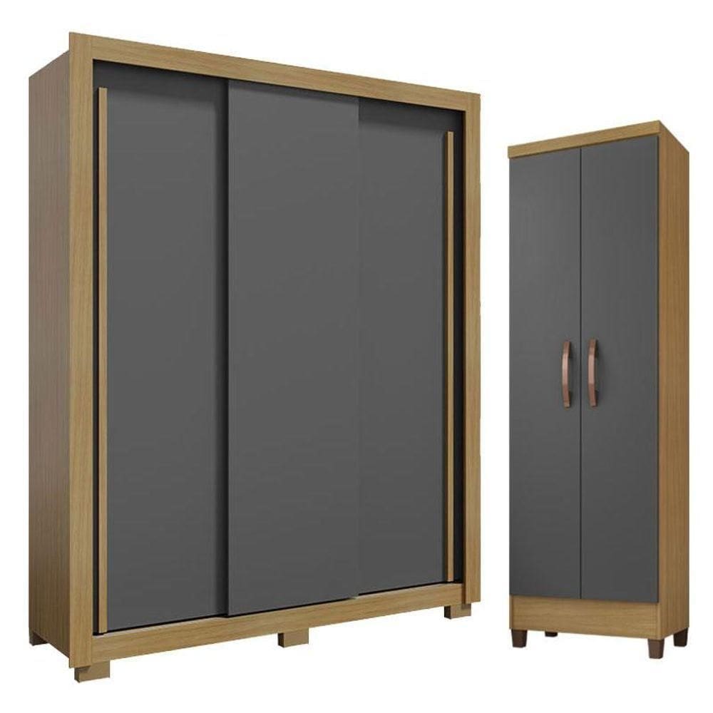 Guarda Roupa Solteiro Nevoa Flex 3 Portas De Correr E Armário Multiuso Egito Carvalho Americano Grafite - Incorplac