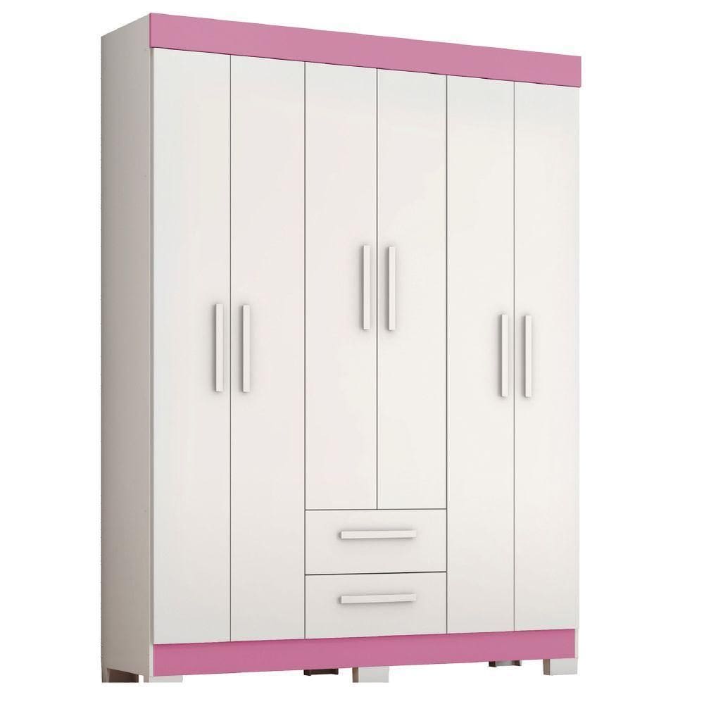 Guarda Roupas Casal Juvenil 6 Portas 2 Gavetas Líbano Branco / Rosa Notável
