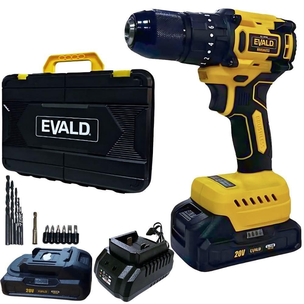 Parafusadeira Furadeira Impacto 20V BRUSHLESS com 2 Baterias e Maleta Kit 13 Peças PFE-20EVIB EVALD