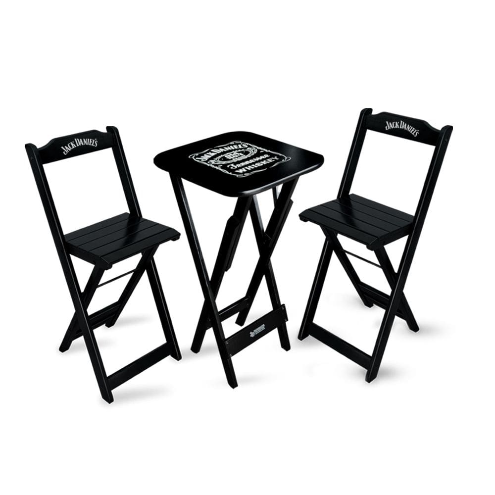 Mesa Bistrô Dobrável Jack Daniel`s com 2 Banquetas de Madeira para Bares e Restaurantes Preta