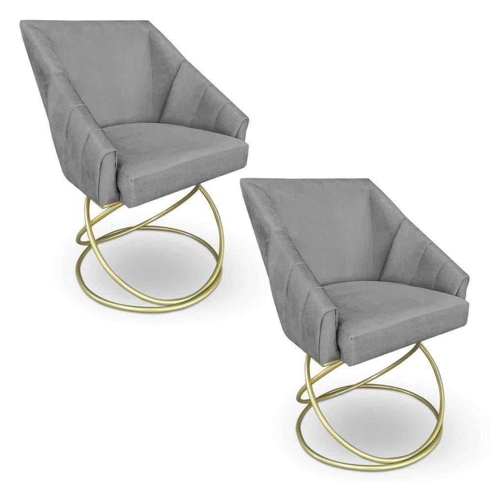 Kit 2 Poltronas Luxo Alana Suede Grafite Base De Ferro Dourado - Pallazio