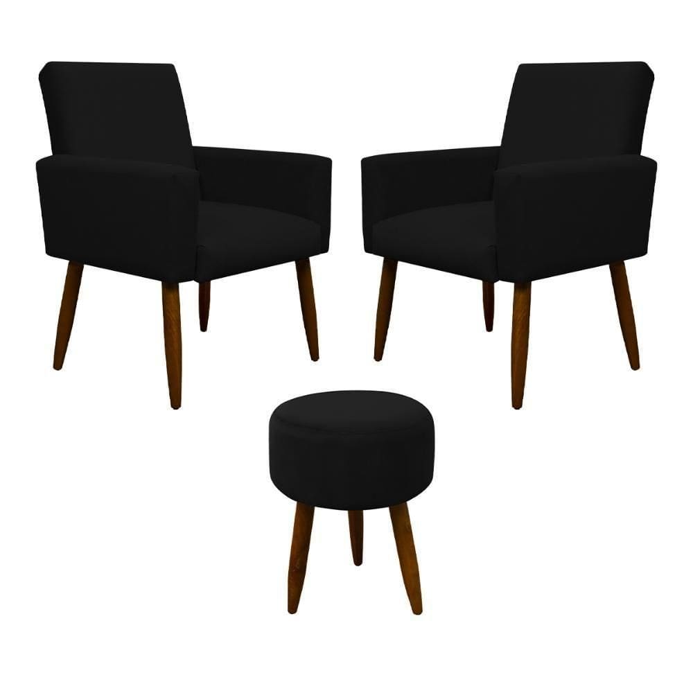 Kit 2 Poltronas Com Puff Redondo Para Sala Nina Preto