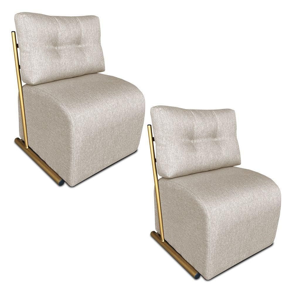 Kit 2 Poltronas Luxo Aurora Linho Base De Ferro Dourado - Pallazio Cor Bege