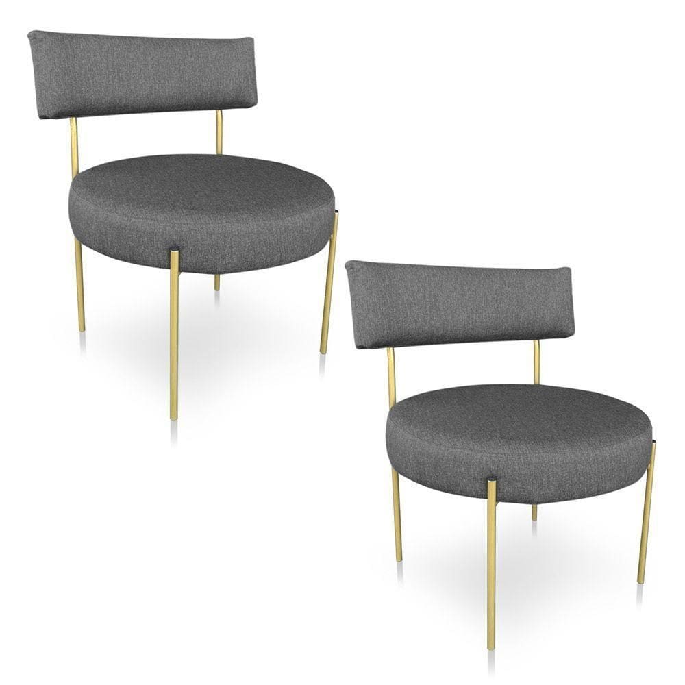 Kit 2 Poltronas Luxo Elora Linho Grafite Pés De Ferro Dourado - Pallazio