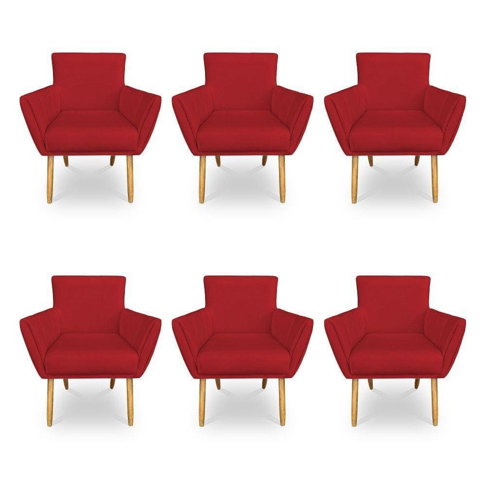 Kit 6 Poltronas Decorativa Leticia Suede Vermelho Pés Palito Castanho - Pallazio