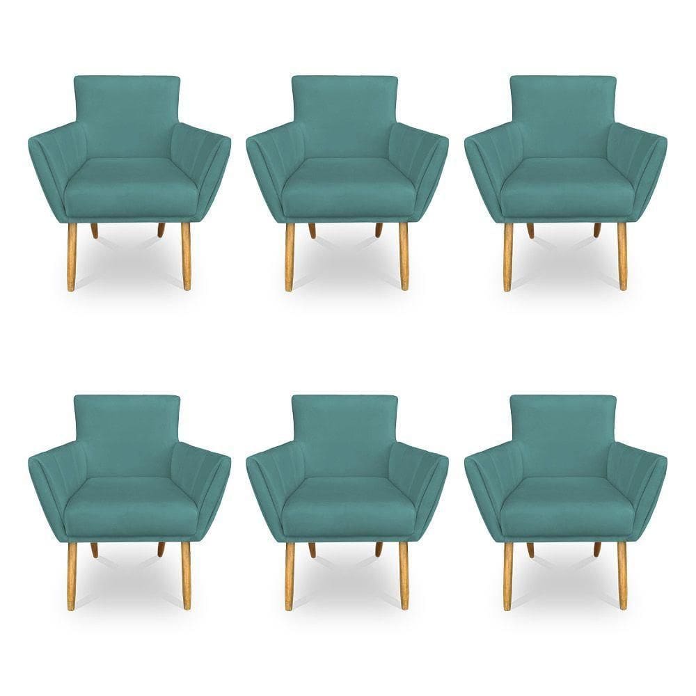 Kit 6 Poltronas Decorativa Leticia Suede Azul Turquesa Pés Palito Castanho - Pallazio