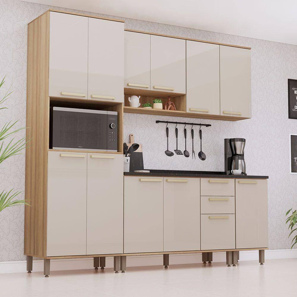 Cozinha Modulada Compacta 5 Peças Com Tampos E Sem Pia Isis Avelã-mocca Laca