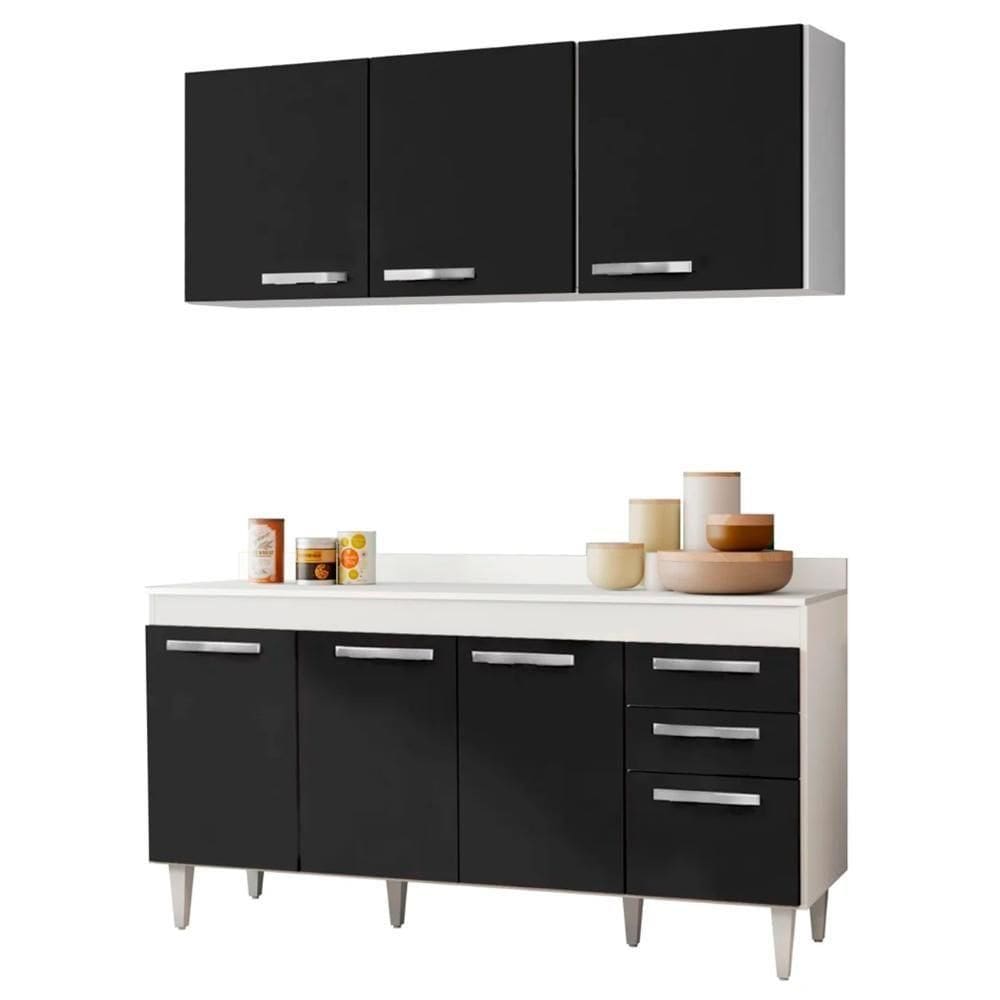 Armário Aéreo Parma E Balcão Para Pia Com Tampo 150cm Lisboa Branco-preto - Lumil